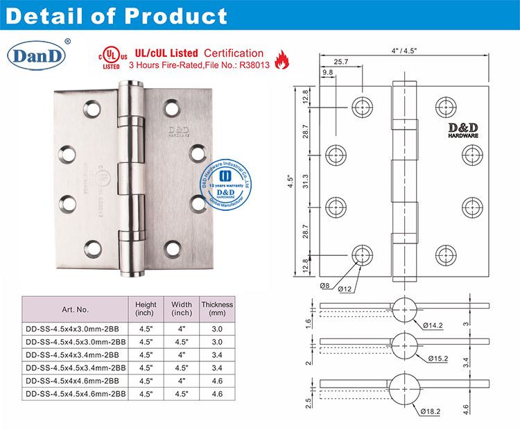 Hinge de porte UL en acier inoxydable et quincaillerie D