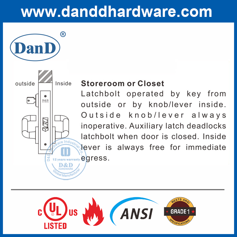 SS304 ANSI Grade 1 American Style Door Lock pour Storeroom-ddal07