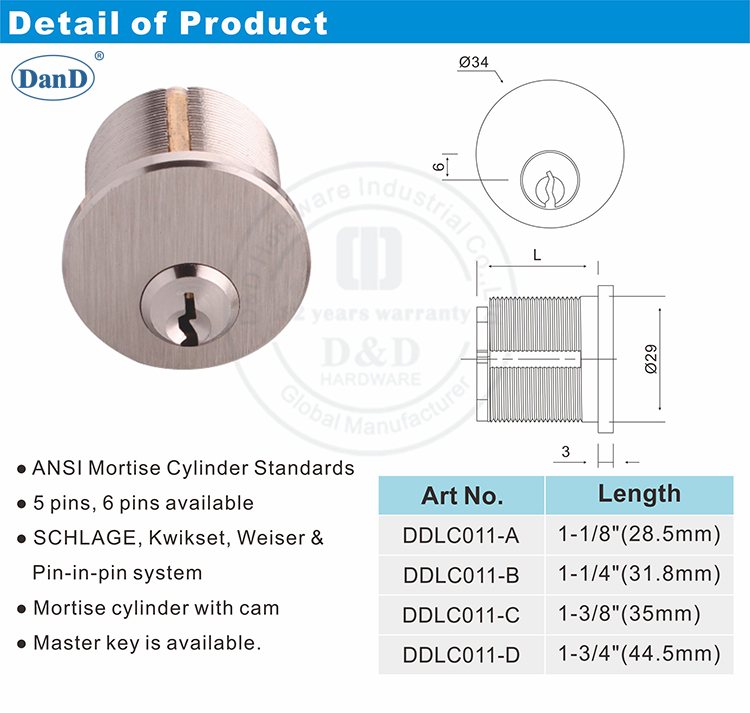 ANSI Mortise Cylindre Lock-D et D Harddware