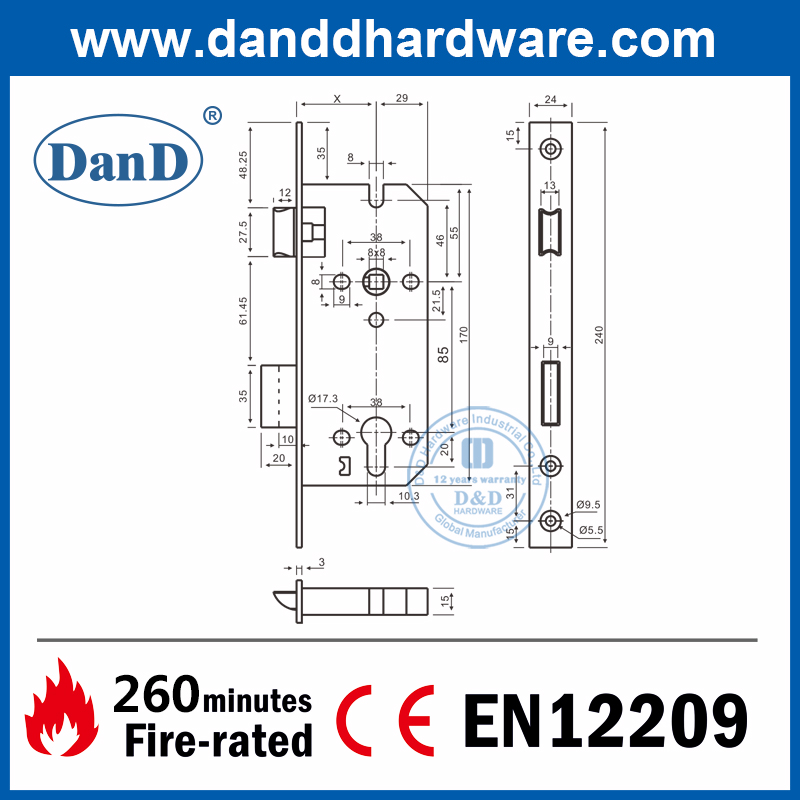 CE EN12209 Euro Fire Claste Sash Door Door Commercial Door Lock-DDML026
