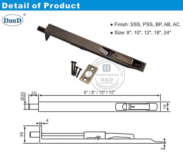 Bolt de porte en laiton antique et quincaillerie D