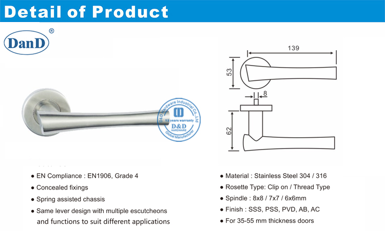 Poign&eacute;e de porte de levier en acier inoxydable-D et D