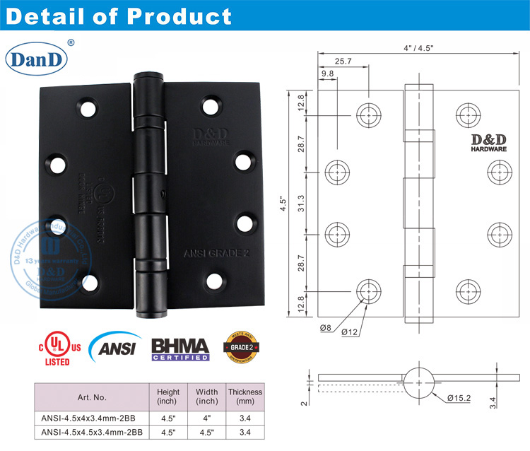 ANSI Grade 2 Black Door Hinge