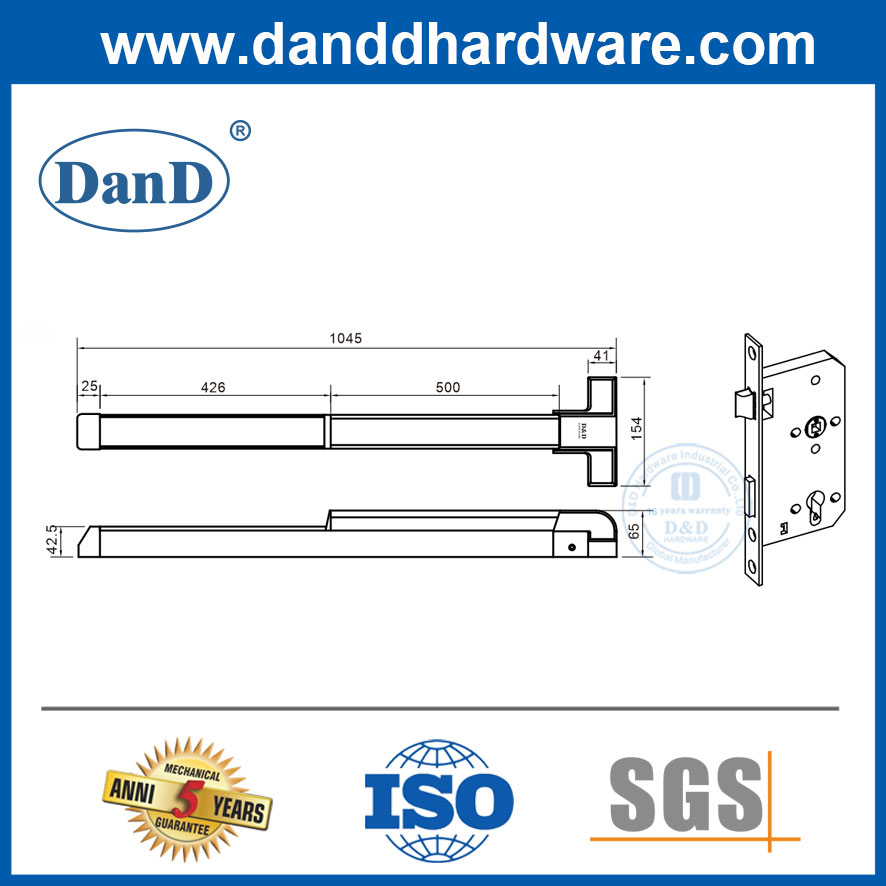 Double porte en acier à porte simple verrouillage de porte de barre de panique avec CE Mortise Lockset-DDPD038