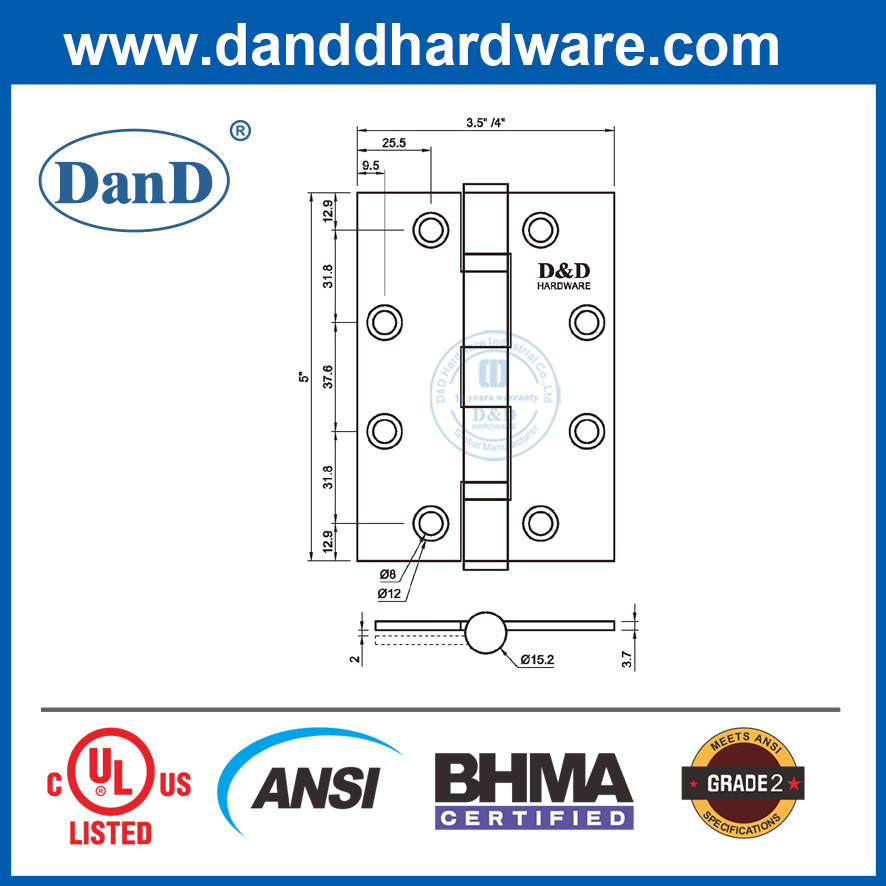 5 pouces en acier inoxydable ANSI Grade 2 BHMA Hinges de porte extérieure-DDSS001-ANSI-2