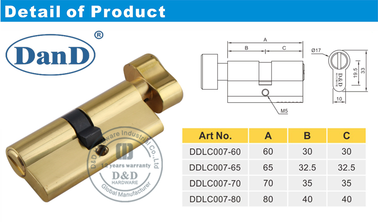 Serrure de porte en laiton poli Cylindre-D et D