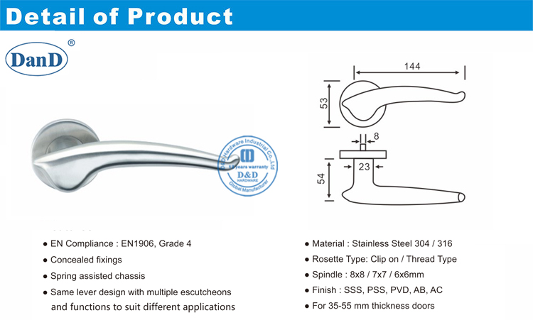 Handware de la poign&eacute;e de porte du levier de verre D et D