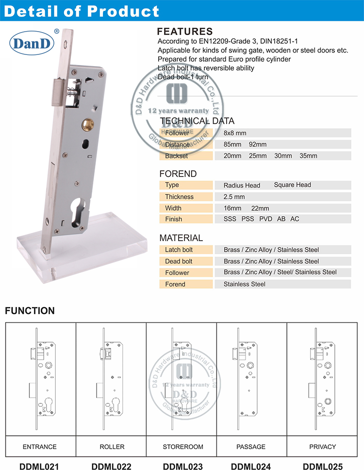 Acier inoxydable Euro &eacute;troit Stile Lock-D et D Hardware