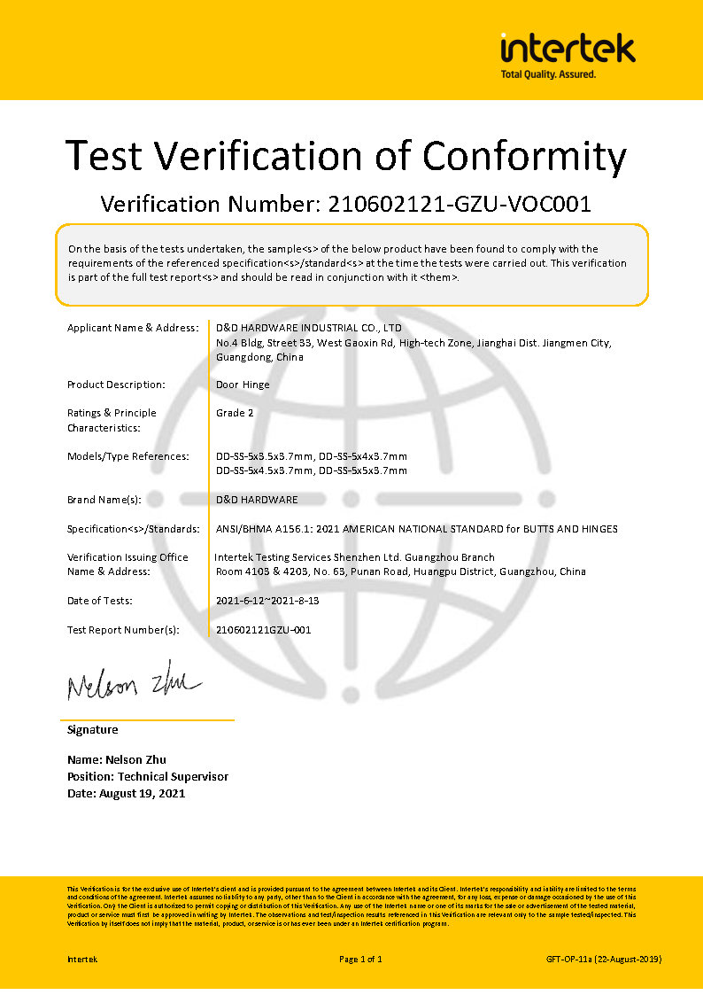 D&D Hardware -Ansi Certificat de charni&egrave;re &agrave; 2 portes de grade 2 pouces